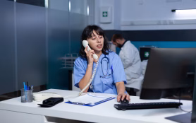 Medical,Assistant,Talking,On,Landline,Phone,For,Healthcare,Checkup,Appointment,