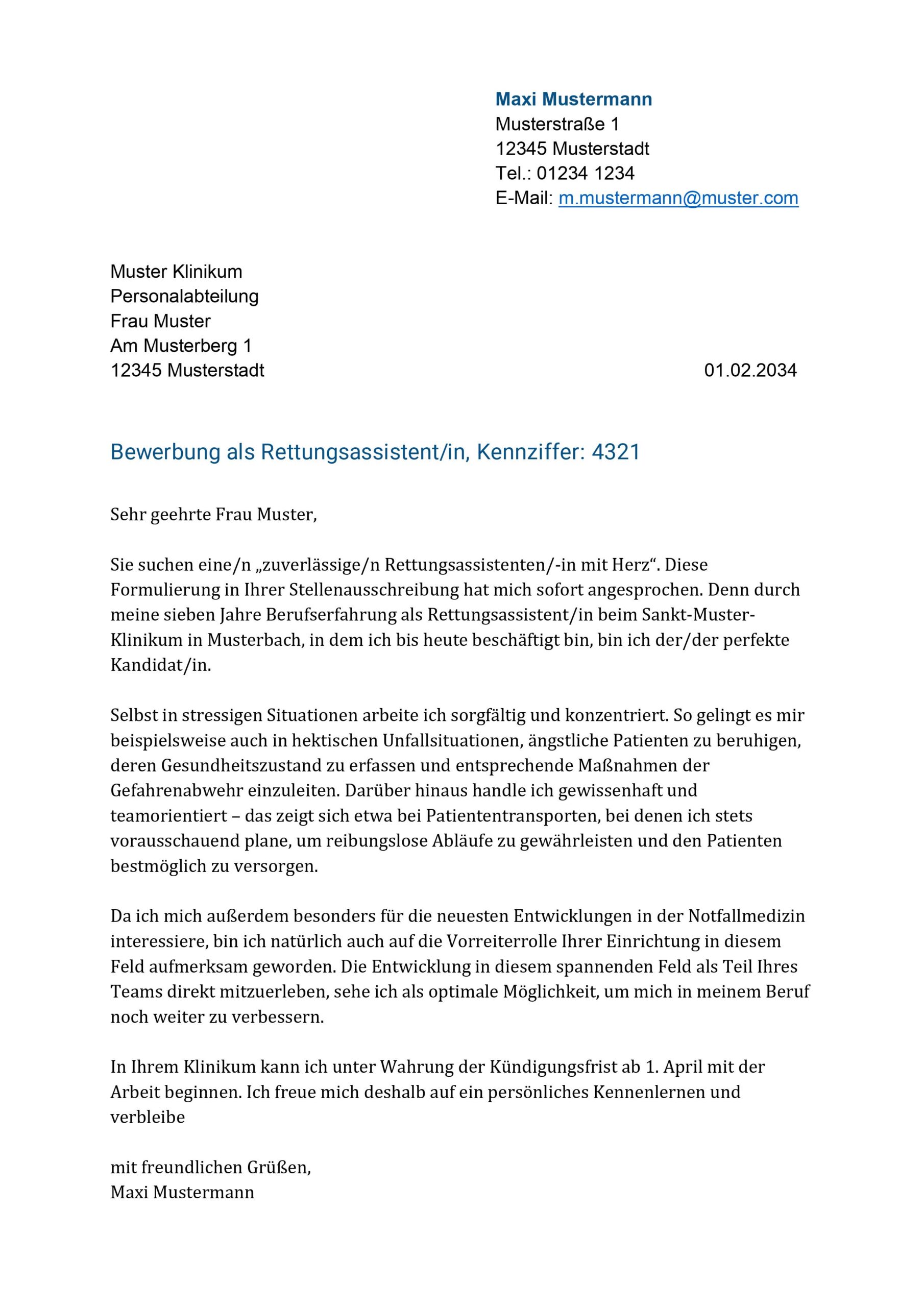 Bewerbung Als Rettungsassistenz Anschreiben