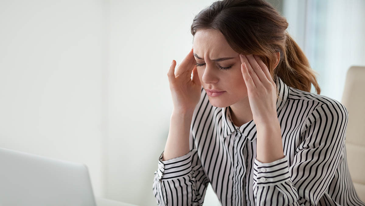 Tired,Stressed,Businesswoman,Feeling,Strong,Headache,Massaging,Temples,Exhausted,From