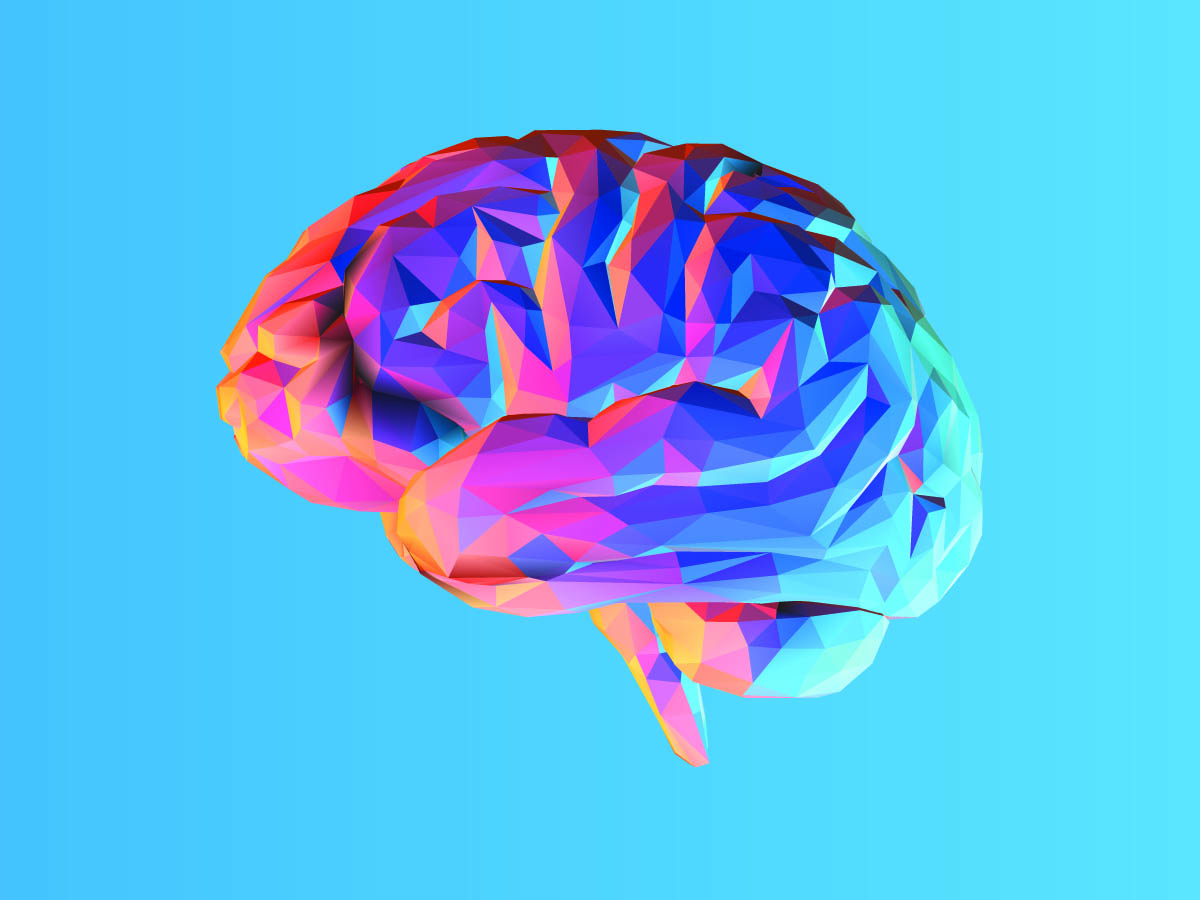 Low Poly Brain Illustration Isolated On Blue BG