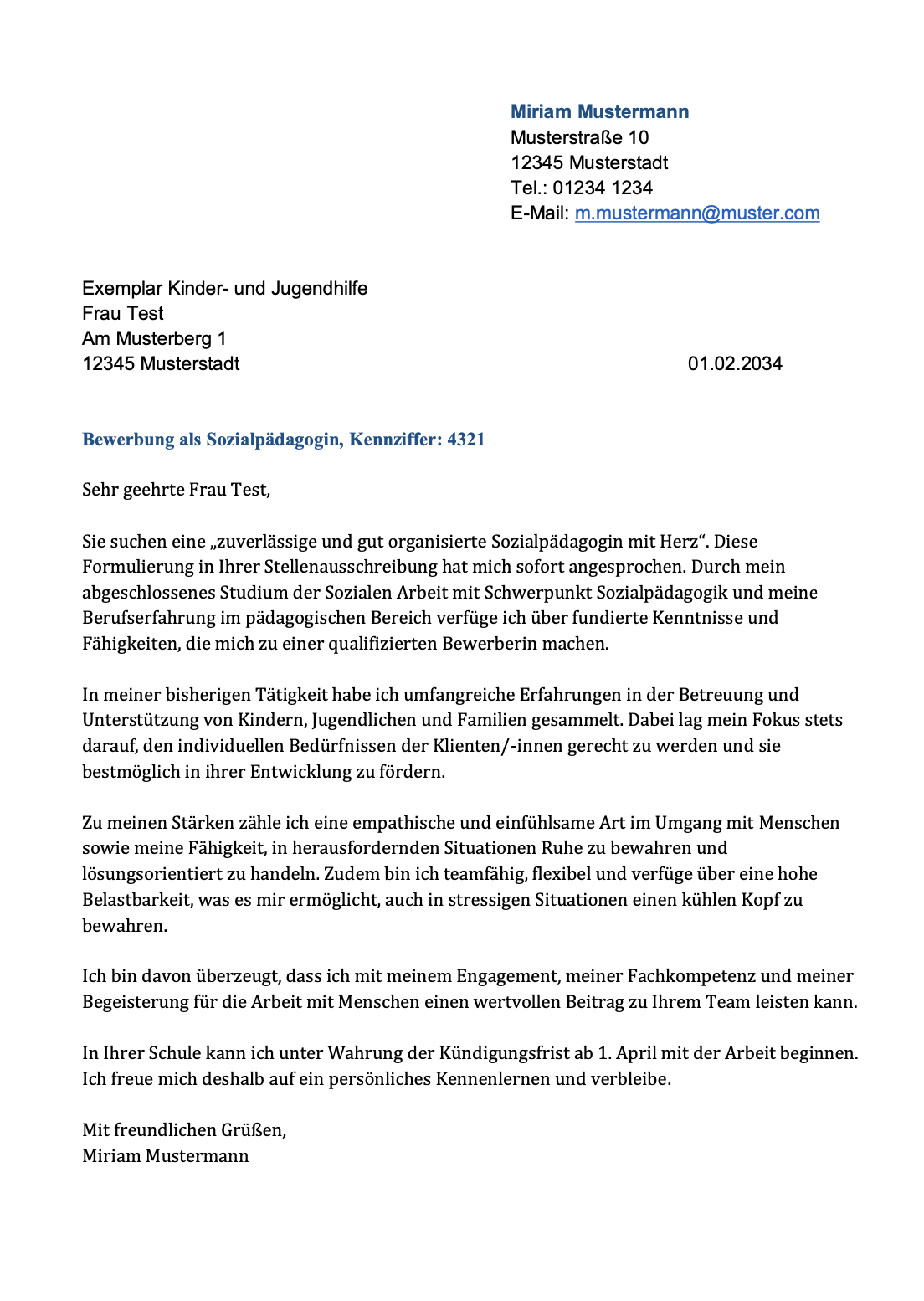 Screenshot Anschreiben Sozialpädagogin