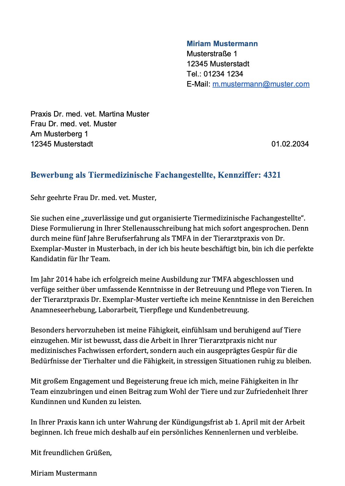 Screenshot Anschreiben Tiermedizinische Fachangestellte