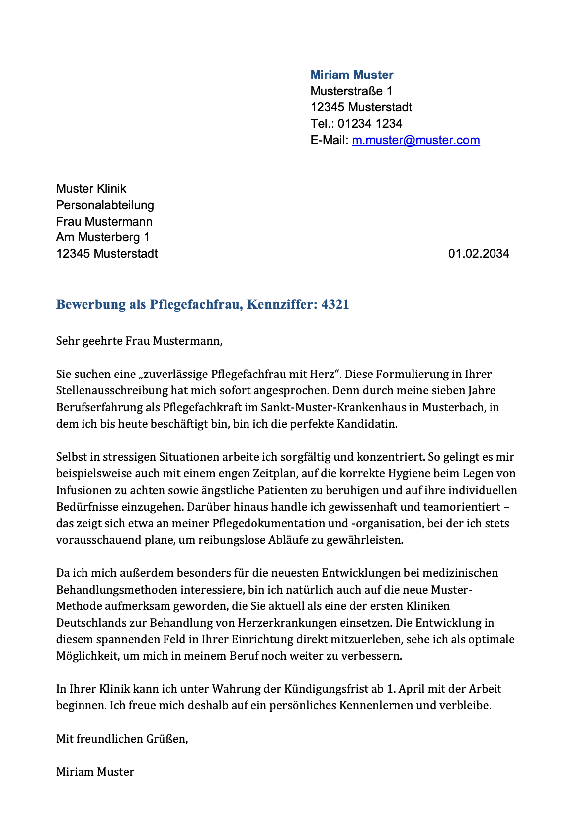 Screenshot Anschreiben Pflegefachfrau