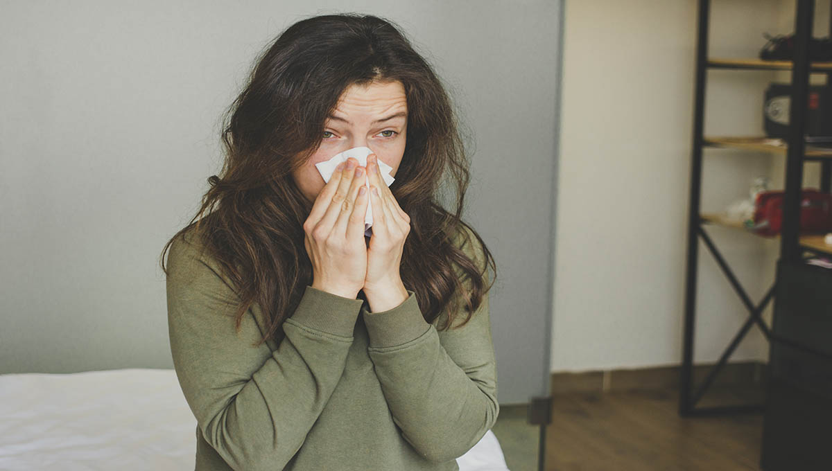 Sick,Young,Woman,Blowing,Running,Nose,Into,Paper,Napkin,Reducing