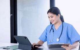 Asian,Female,Doctor,Working,With,A,Patient,Clipboard,And,Digital