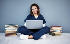 Nurse,,Portrait,Or,Laptop,In,Hospital,Research,,Wellness,Books,Study