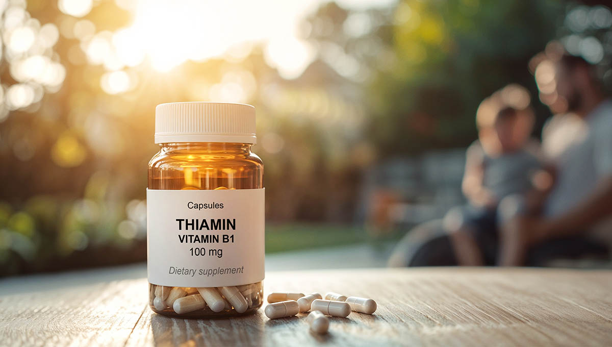 Amber,Bottle,Of,Thiamin,Vitamin,B1,Dietary,Supplement,Capsules,With