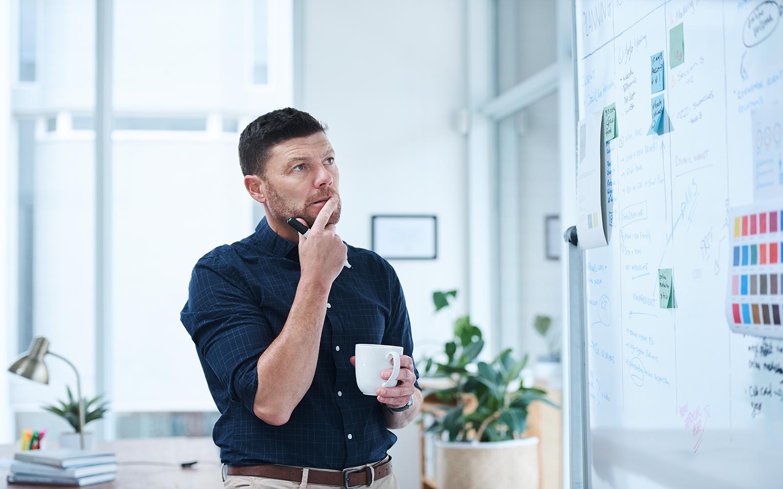 Man,,Thinking,And,Coffee,In,Office,For,Brainstorming,With,Whiteboard,