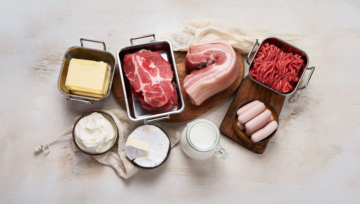 Saturated,Fats,On,Tables.,Raw,Meat,,Sausages,,Cheese,,Butter.,Bad