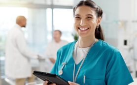 Happy,,Face,And,Woman,With,A,Tablet,,Doctor,And,Typing